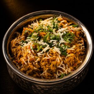 Traditionelles vegetarisches Biryani mit aromatischem Basmatireis, saftigem Hähnchen und indischen Gewürzen im Shiva's Garden in Villingen.