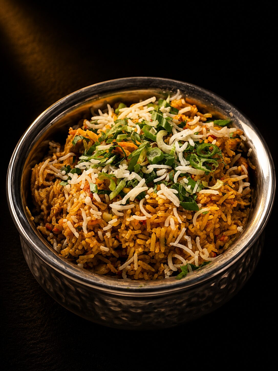 Traditionelles vegetarisches Biryani mit aromatischem Basmatireis, saftigem Hähnchen und indischen Gewürzen im Shiva's Garden in Villingen.