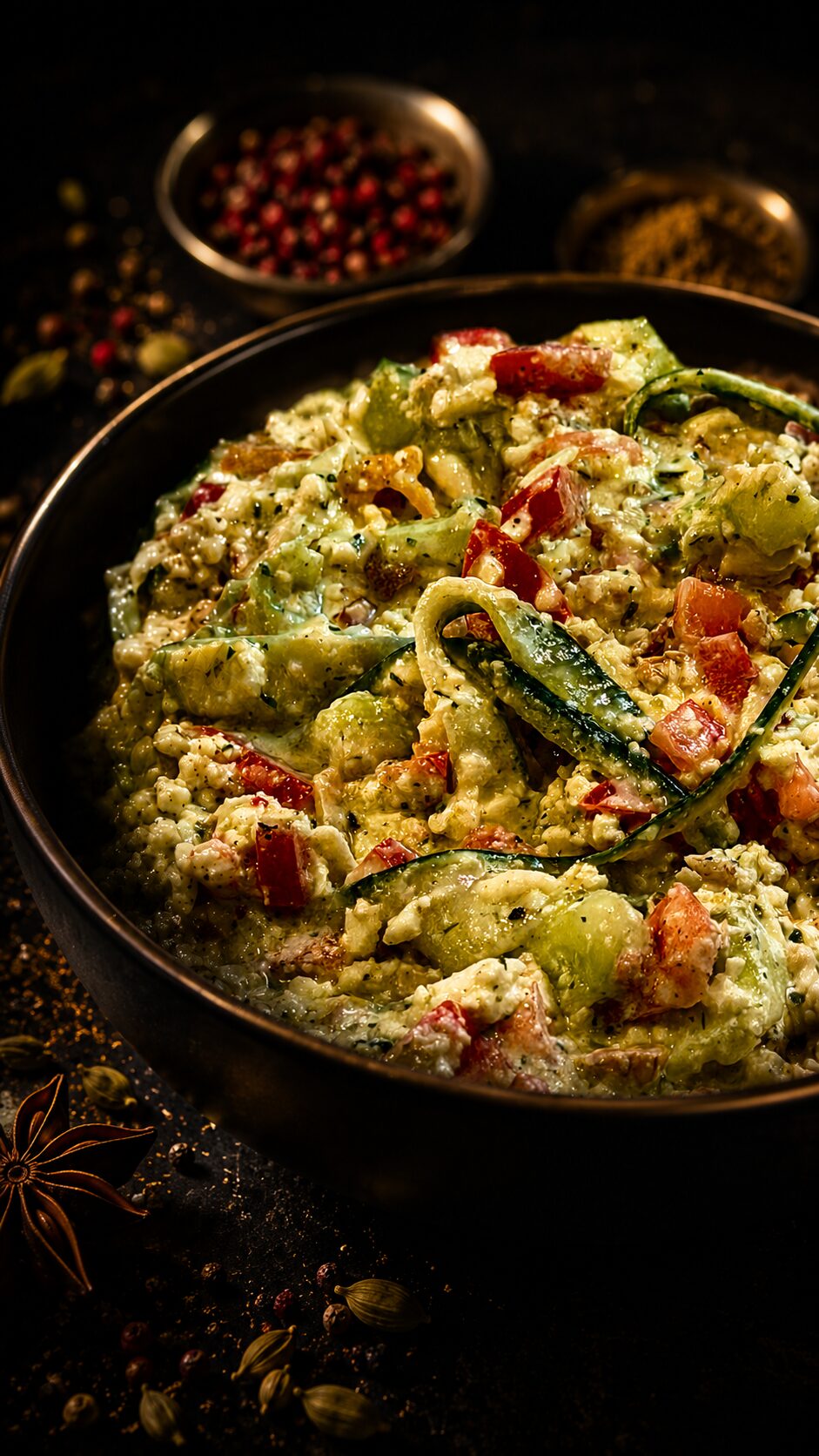 Fresh Indian Paneer Salad with cucumber, tomatoes, herbs and creamy dressing served at Shiva's Garden Indian Restaurant in Villingen-Schwenningen.